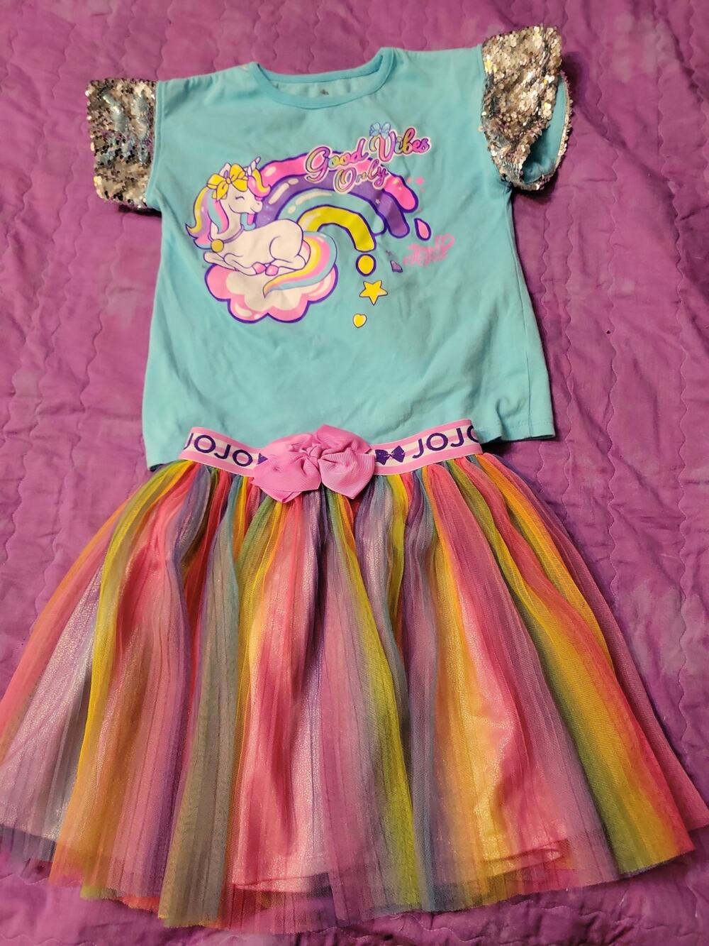 Girls 7 8 JO JO Siwa 2 PIECE outfit with Rainbow TUTU Skirt SET